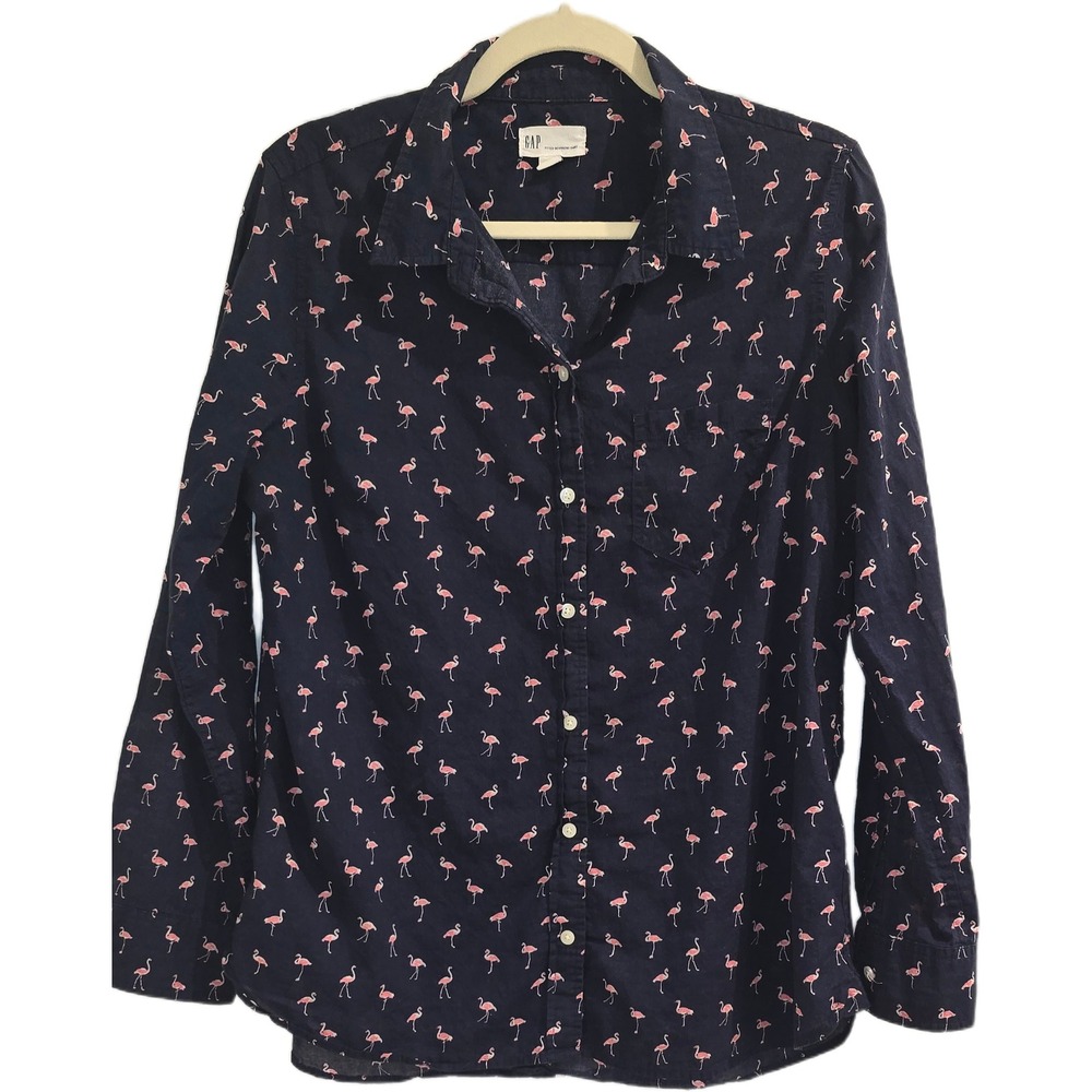 Gap Fitted Boyfriend Shirt Navy Blue Pink Flamingo Print Cotton Button Down L